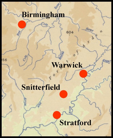 A map showing the area around Snitterfield in Warwickshire
