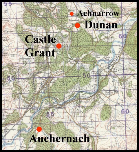 A map showing the the area around Castle Grant, Dunan and Auchernach