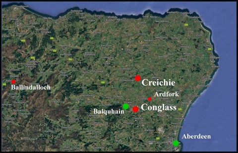 A map of Aberdeenshire with relevant locations marked