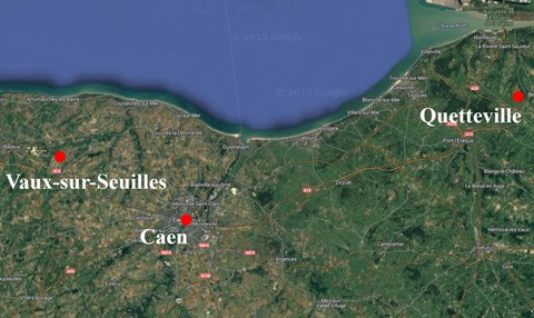 A map of the area around Caen with relevant locations marked