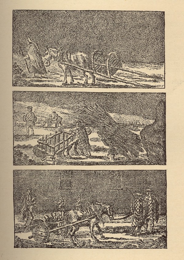 A 3 panel etching of a harvest