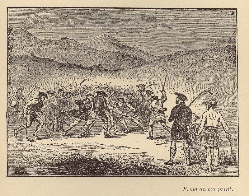 A sketch of a group of men playing shinty